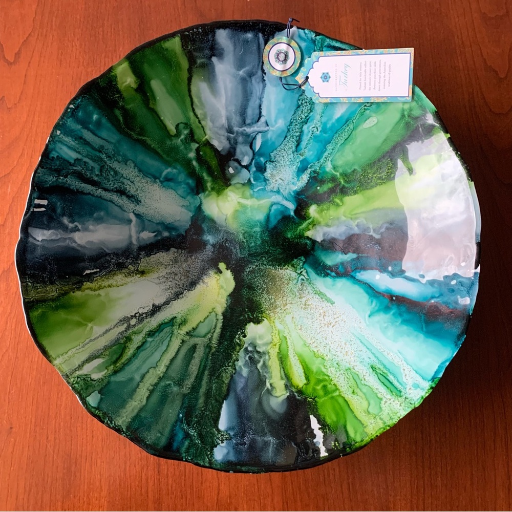 13” round colorful art glass deep serving bowl green blue gray silver paint back